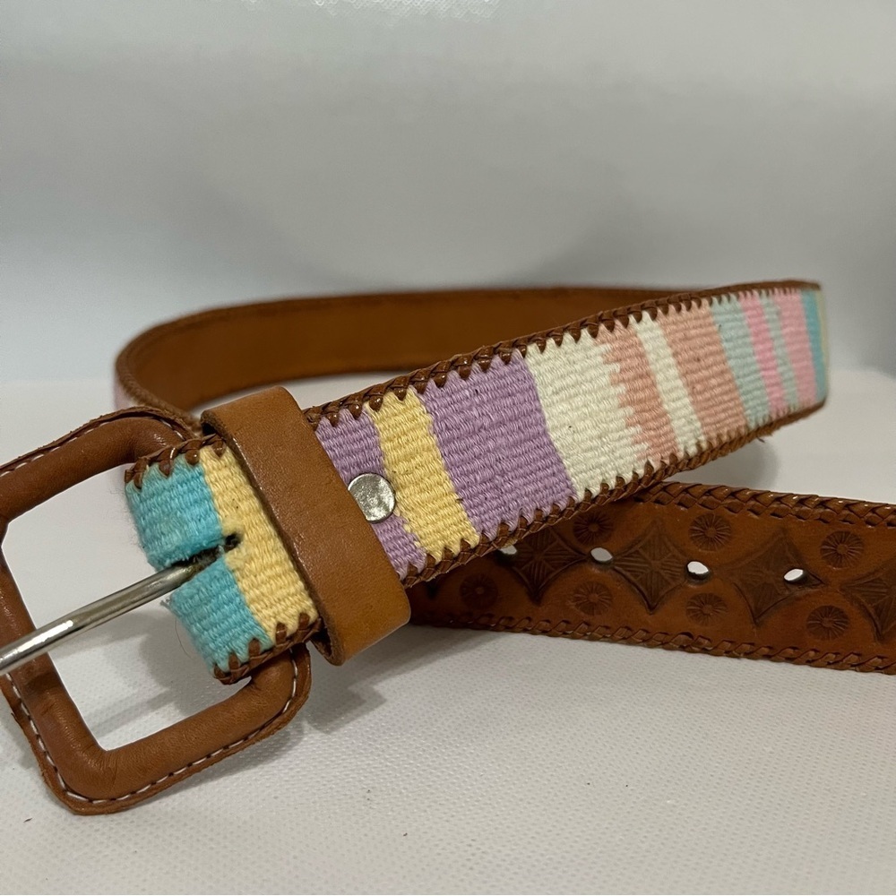 Vintage Pastel Woven Tapestry Leather Belt Guatemala